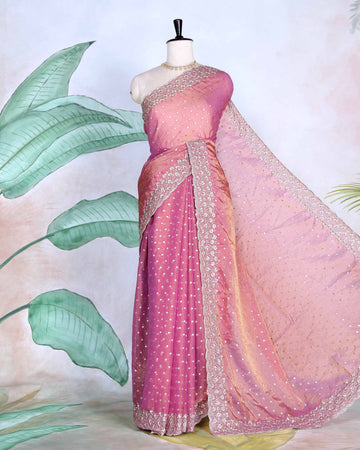 Elegant Sequins & Thread Embroidered Fancy Saree with Intricate Floral Border and Graceful Pallu - Pink