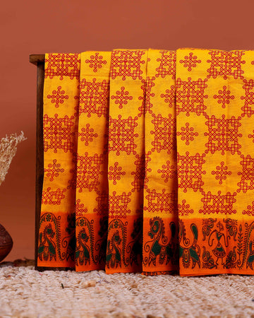 Elegant Sungudi Cotton Saree with Traditional Pattern Design - Yellow