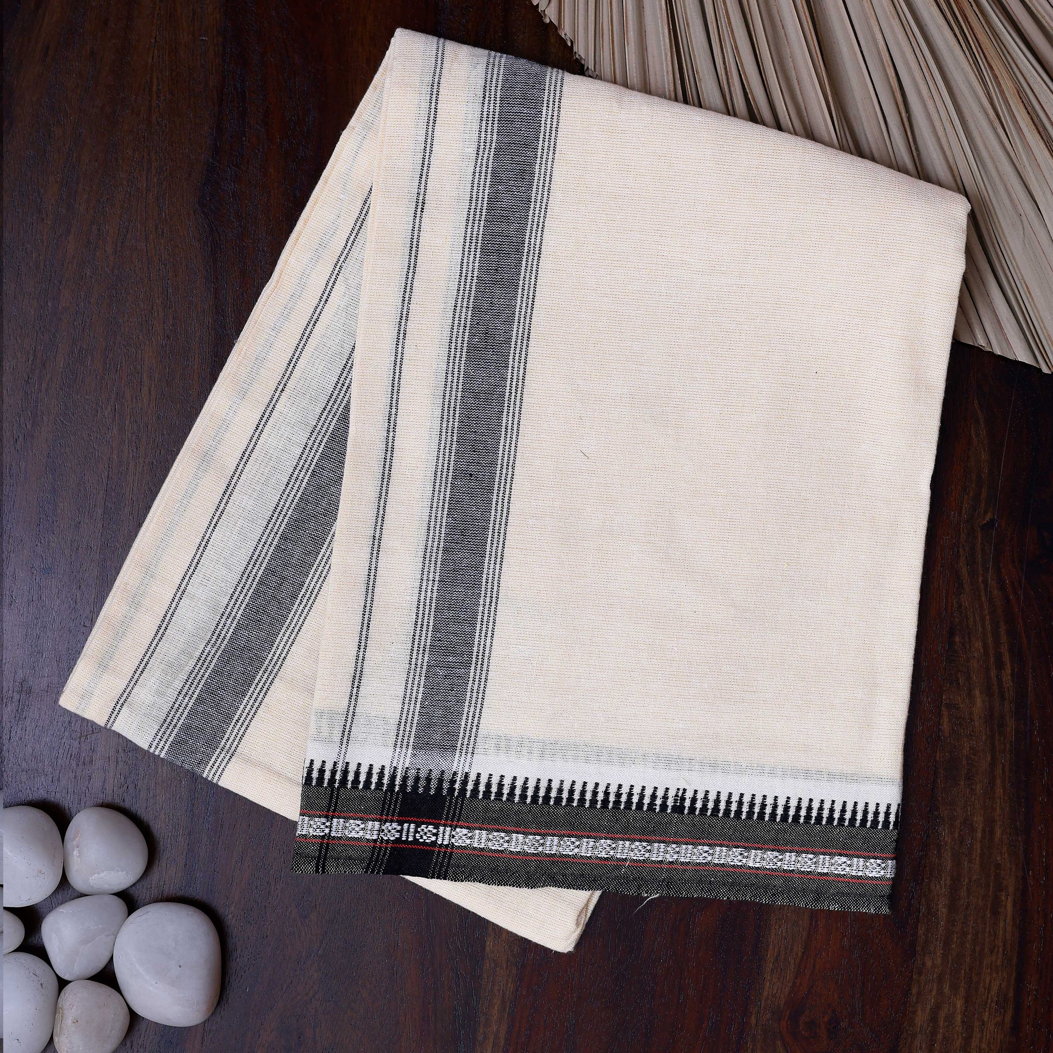 Men's Handloom Cotton Dhoti with Striped Pattern and Black Border - Cream