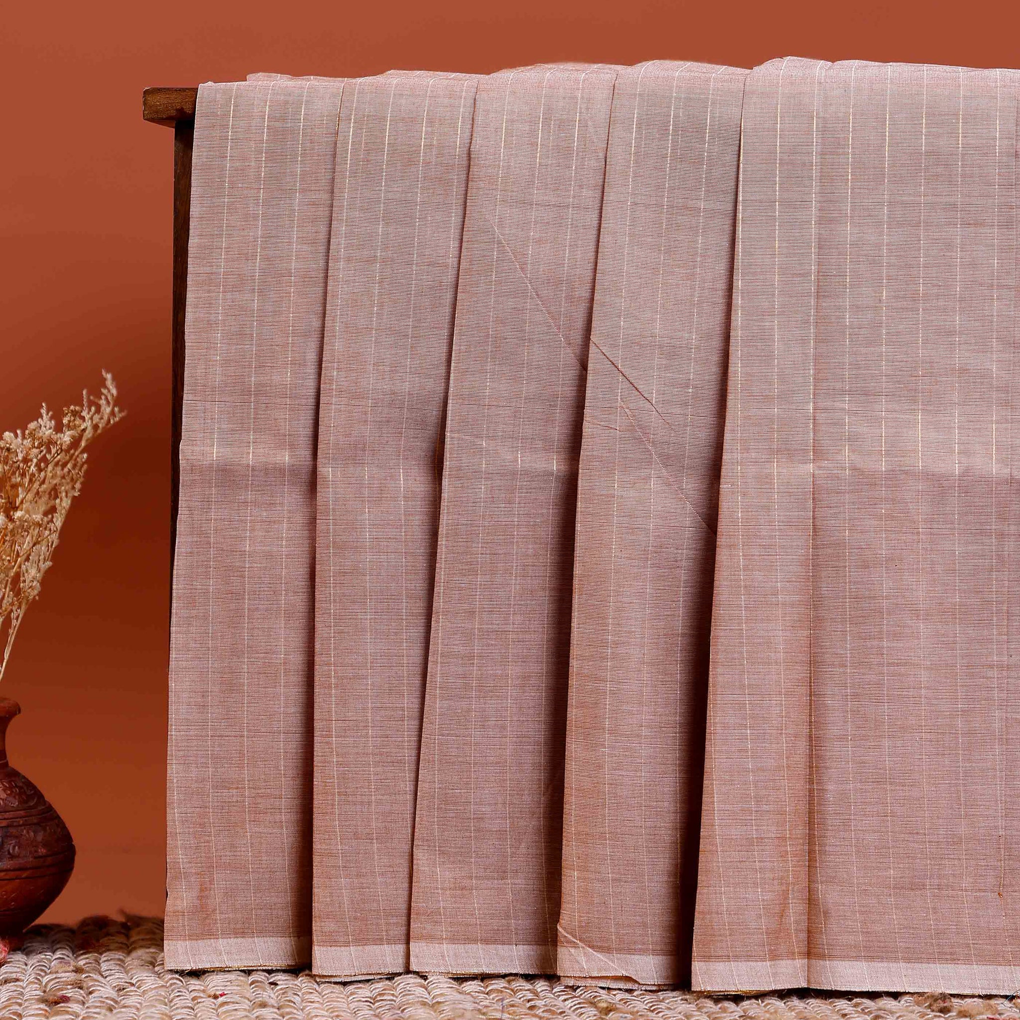 Traditional Chettinad Cotton Saree with Subtle Stripes and Traditional Weave - Light Brown