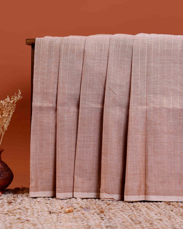 Traditional Chettinad Cotton Saree with Subtle Stripes and Traditional Weave - Light Brown