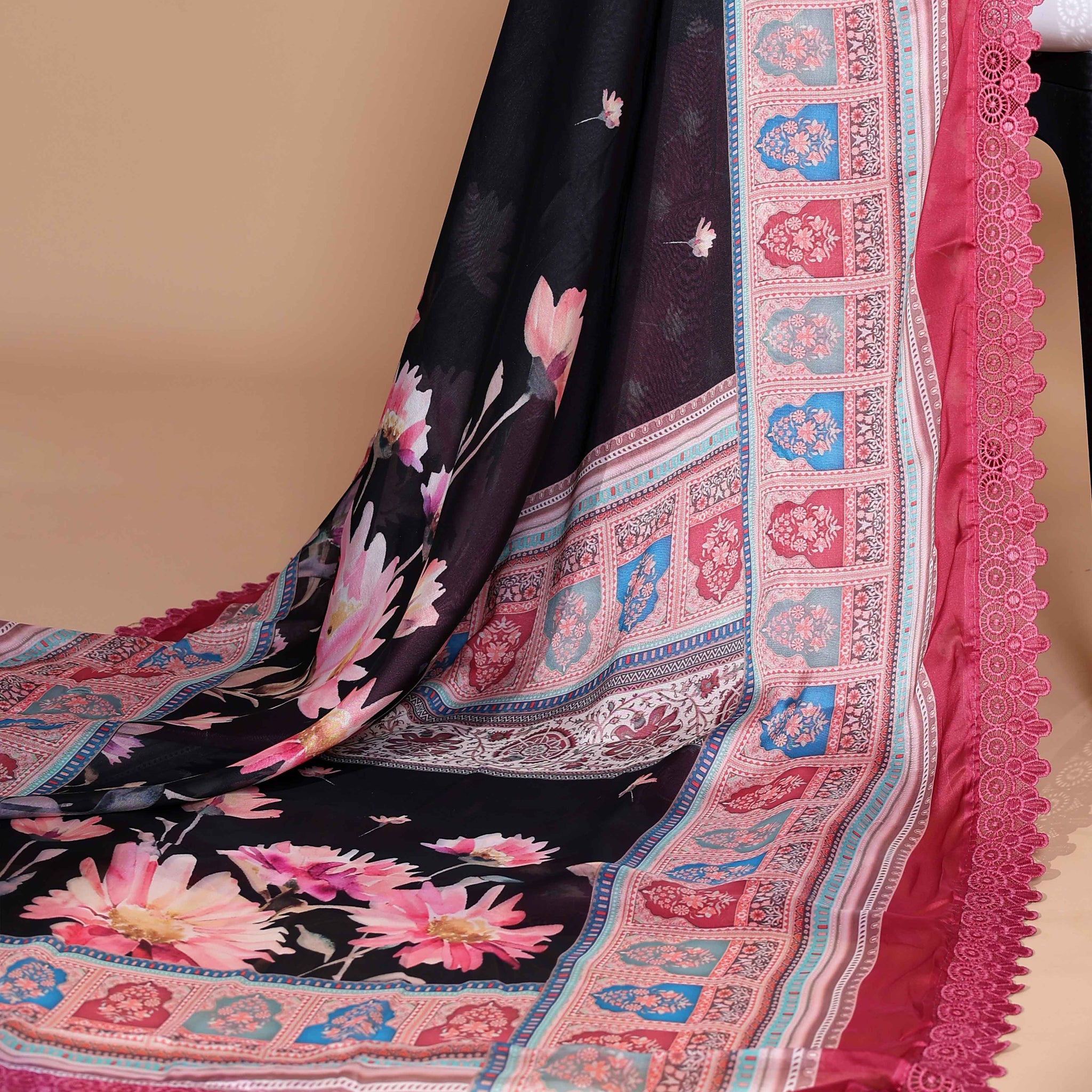 Elegant Black Georgette Saree with Multicolour Floral Print