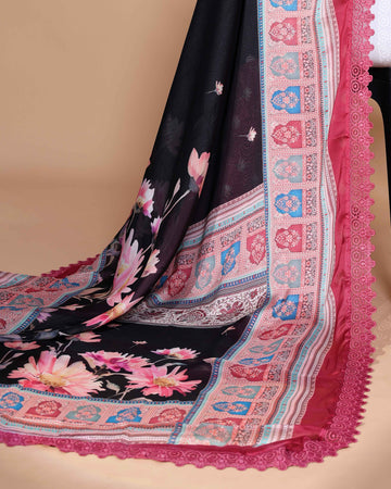 Elegant Black Georgette Saree with Multicolour Floral Print