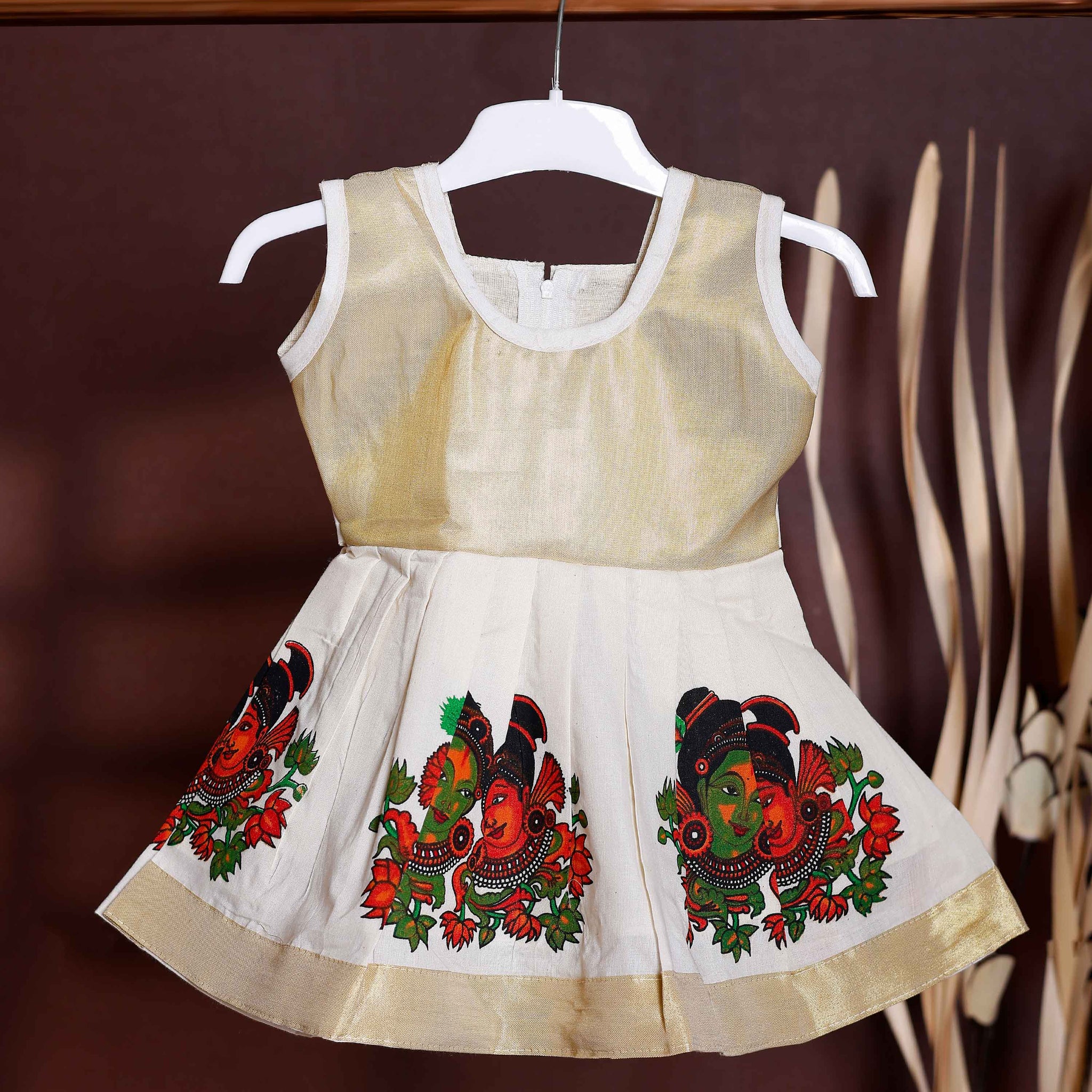 Traditional Kids' Frock with Kerala Mural Art Print - Cream