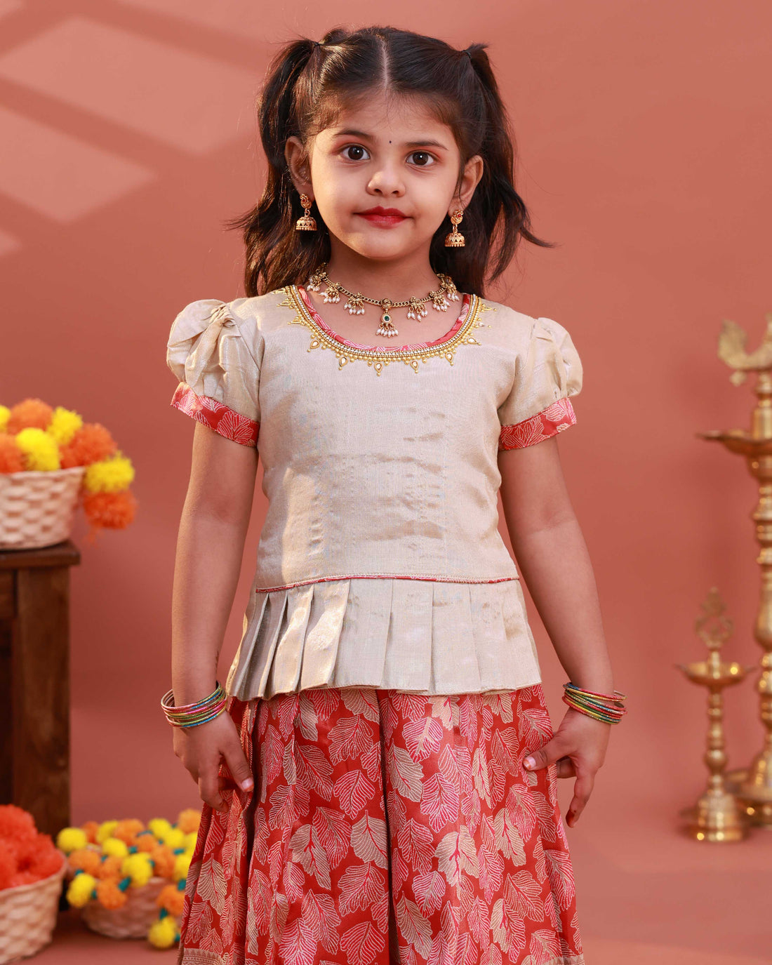 Kids Readymade Pattu Pavadai Set with Embellished Neck Puff Sleeve Blouse and Printed Skirt - Gold