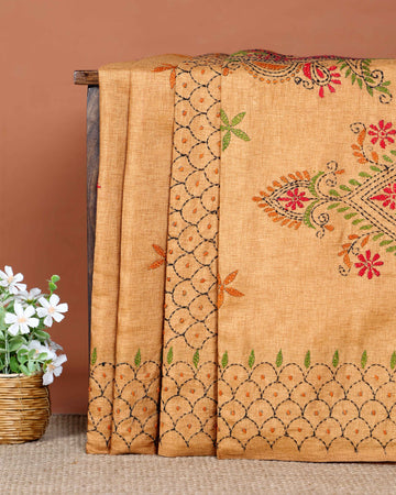 Elegant Hand Embroidered Kantha Work Tussar Saree with Traditional Floral Motifs - Sandal