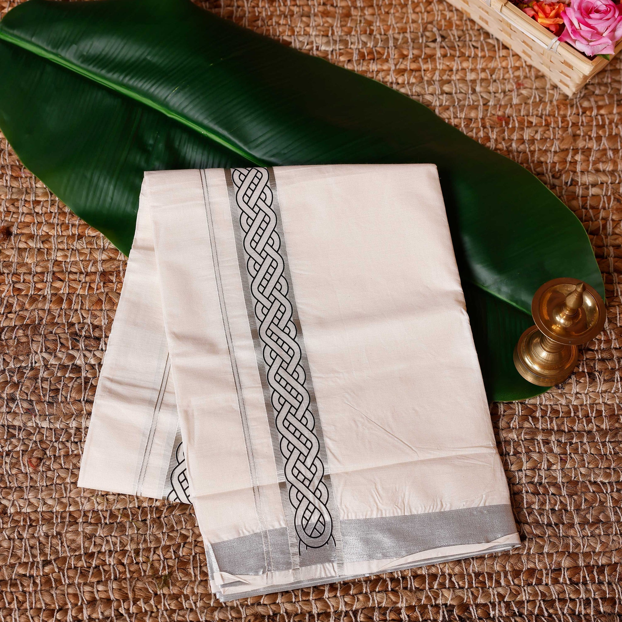 Traditional Handwoven Cotton Dhoti with Silver Color Border and Elegant Finish - Off White