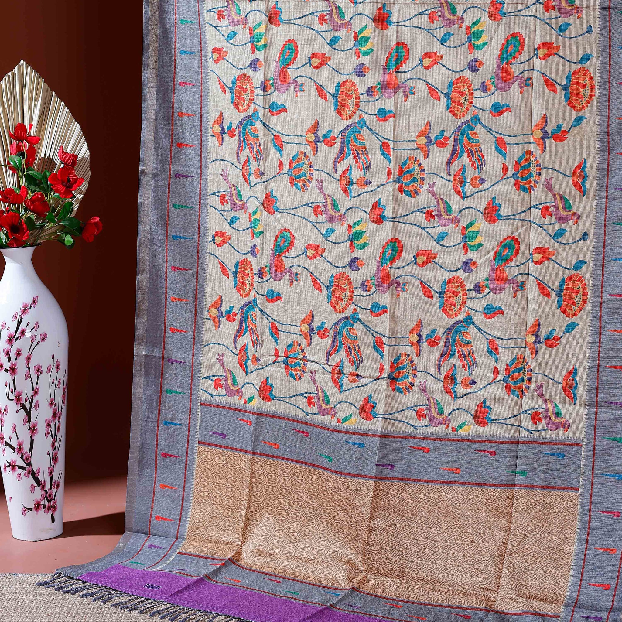 Traditional Kota Cotton Saree with Intricate Floral and Paisley Weaving and Contrast Woven Border - Sandal