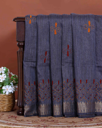 Elegant Kantha Hand Embroidered Saree with Intricate Floral Motif and Contrast Border - Grey