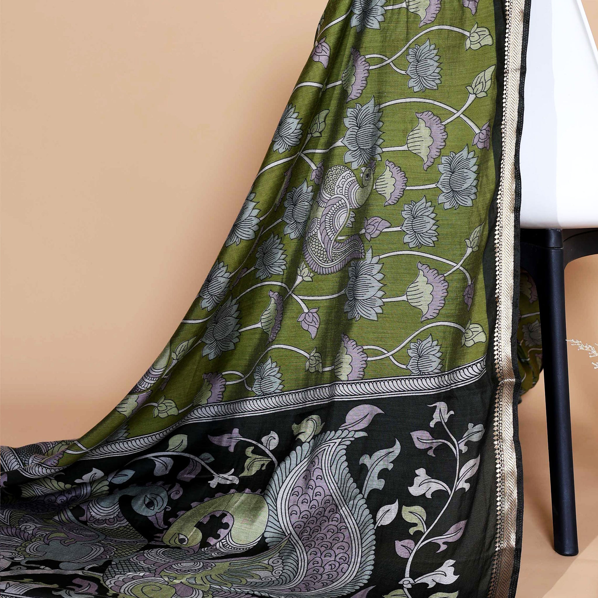 Elegant Semi Chanderi Saree with Traditional Kalamkari Handcrafted Motifs and Intricate Zari Border - Green
