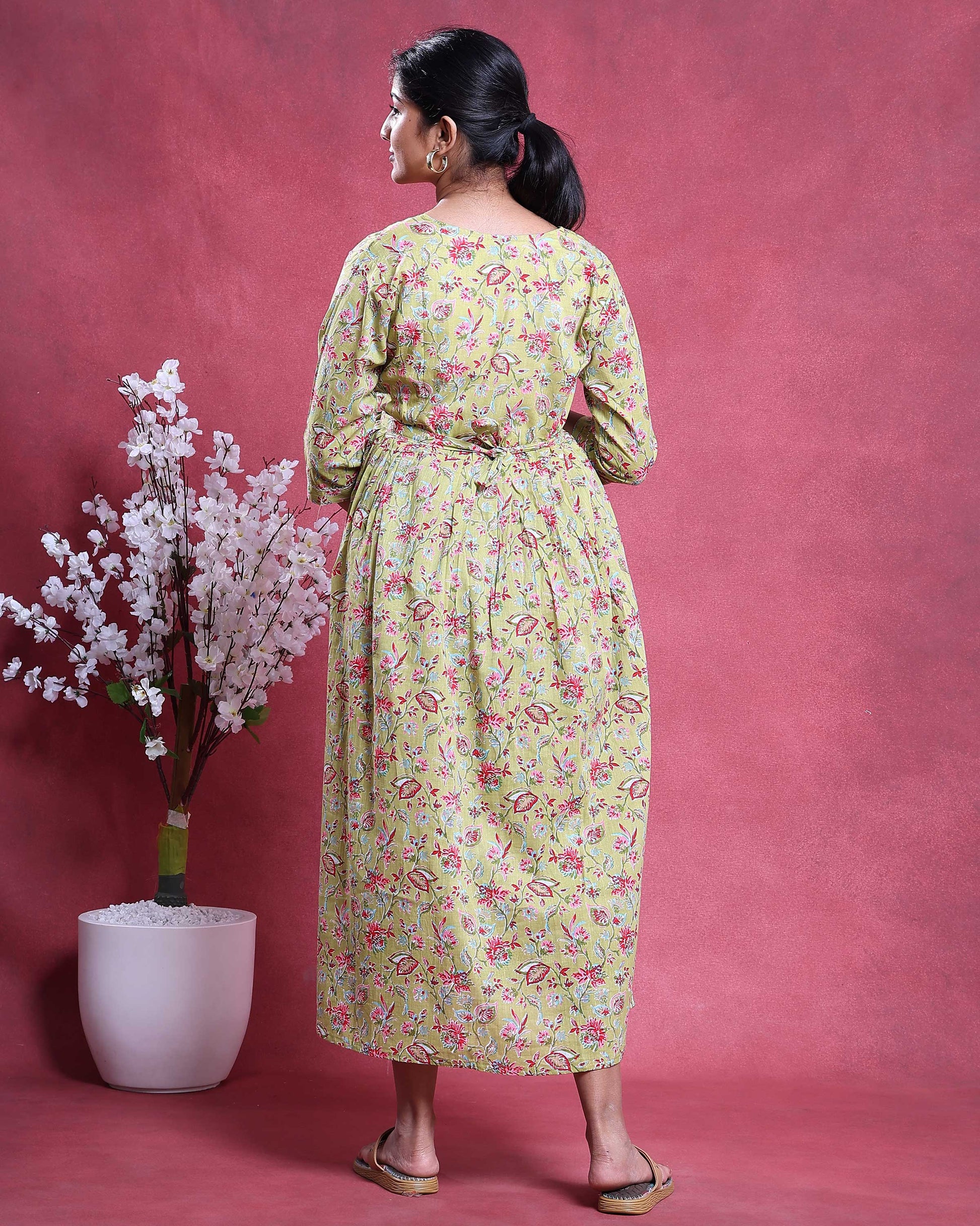 Women’s Floral Printed Maternity Feeding Dress with Round Neck 3/4th  Sleeves and Comfortable Empire Waist, Black