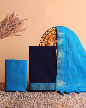 Women's Traditional Cotton Handloom Unstitched Salwar Suit Set Top 2.5m, Pant 2m, Dupatta 2.25m with Zari Border - Navy