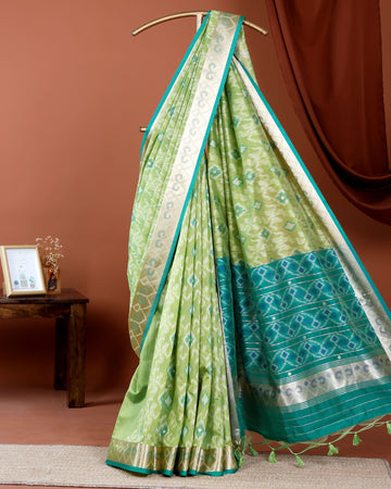 Elegant Ikat Woven Semi Silk Saree  with Traditional Zari Border & Pallu - Green