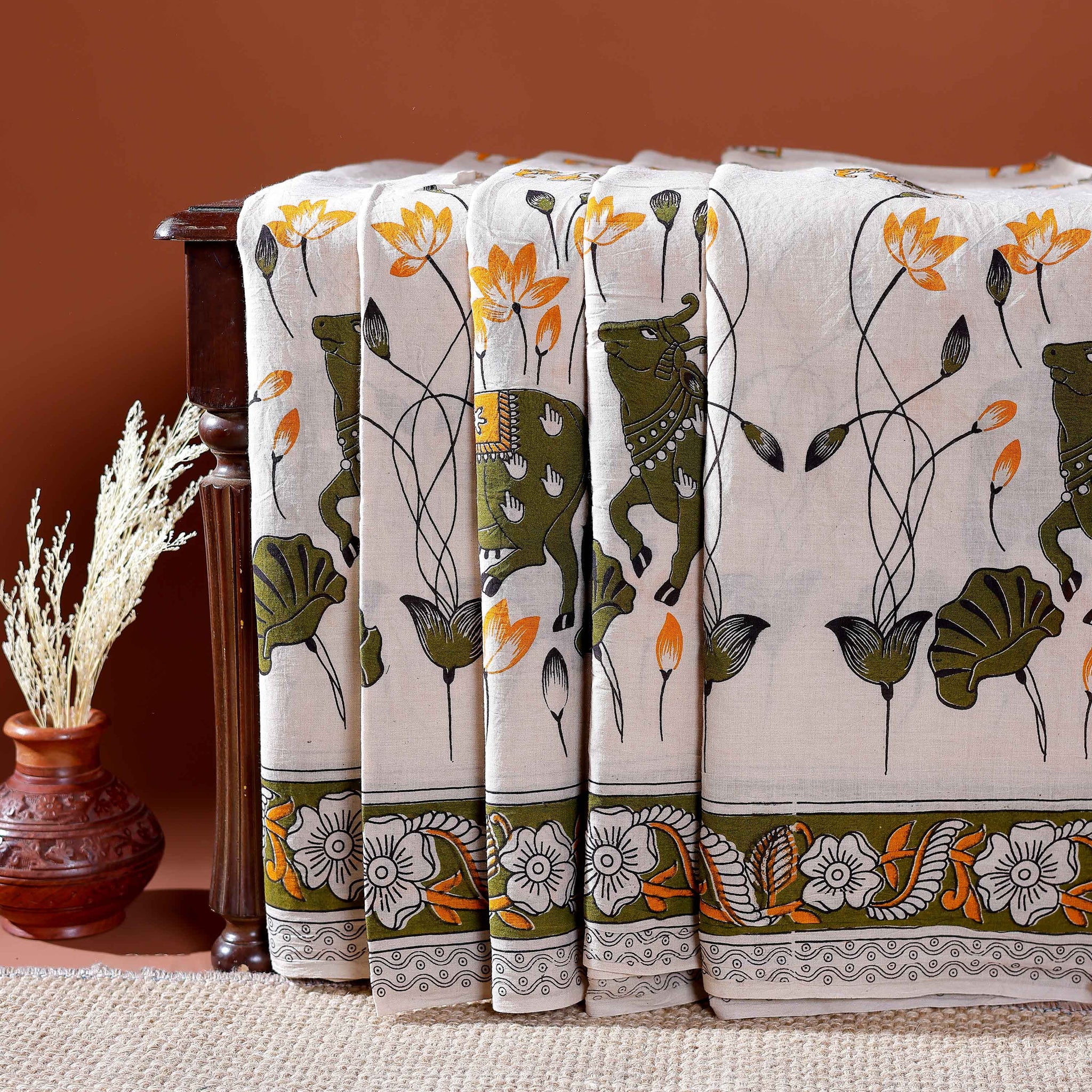 Traditional Handloom Kalamkari Cotton Saree with Intricate Floral and Avian Motifs - White