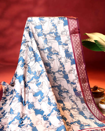 Elegant Semi Chanderi Saree with Traditional Animal Motif Print and Contrasting Zari Woven Border - Blue