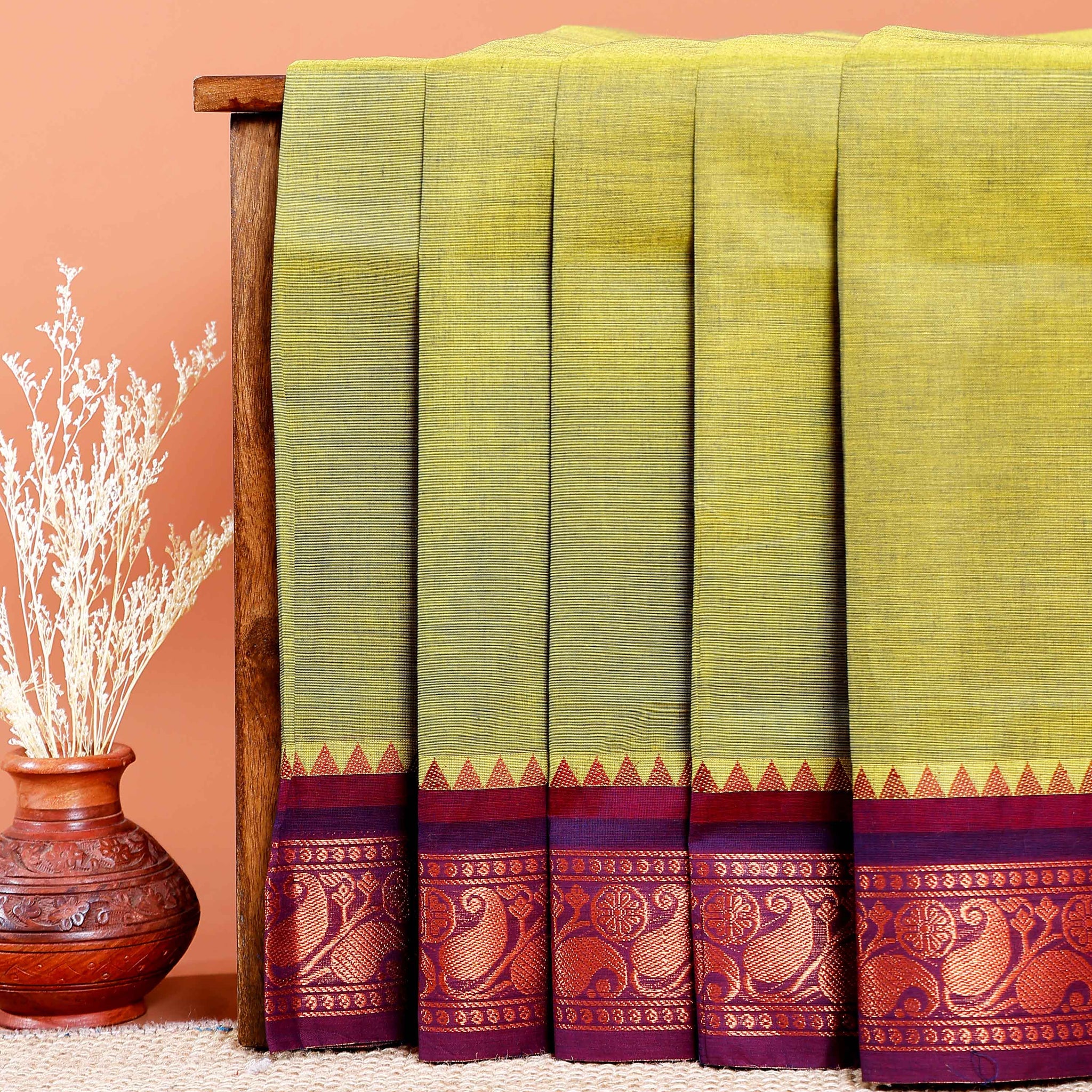 Chettinad Cotton Saree with Traditional Zari Border and Paisley Motifs - Green