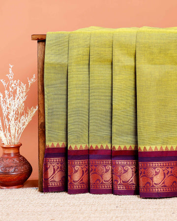 Chettinad Cotton Saree with Traditional Zari Border and Paisley Motifs - Green
