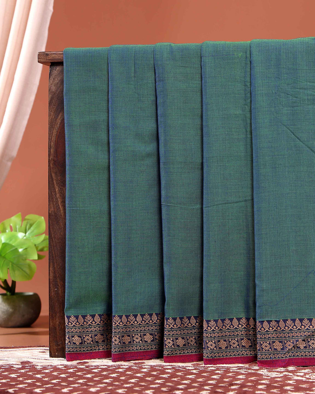 Traditional  Narayanpet Cotton Saree with Traditional Zari Border & Temple Motif Detailing - Green