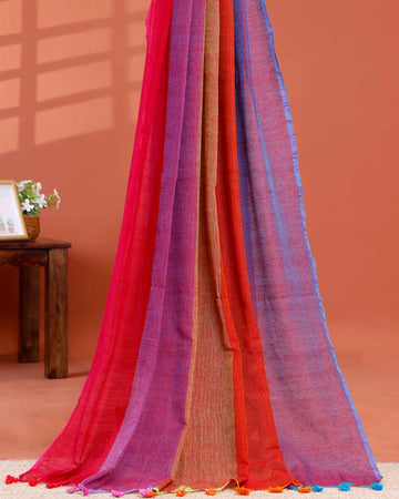 Handwoven Mul Mul Cotton Saree with Bold Striped Pattern and Tassel Detailing – Multi