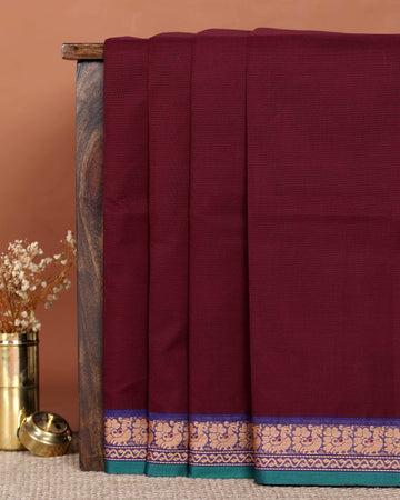 Classic Handloom Chettinad Cotton Saree with Plain Body Traditional Woven Contrast Border - Maroon