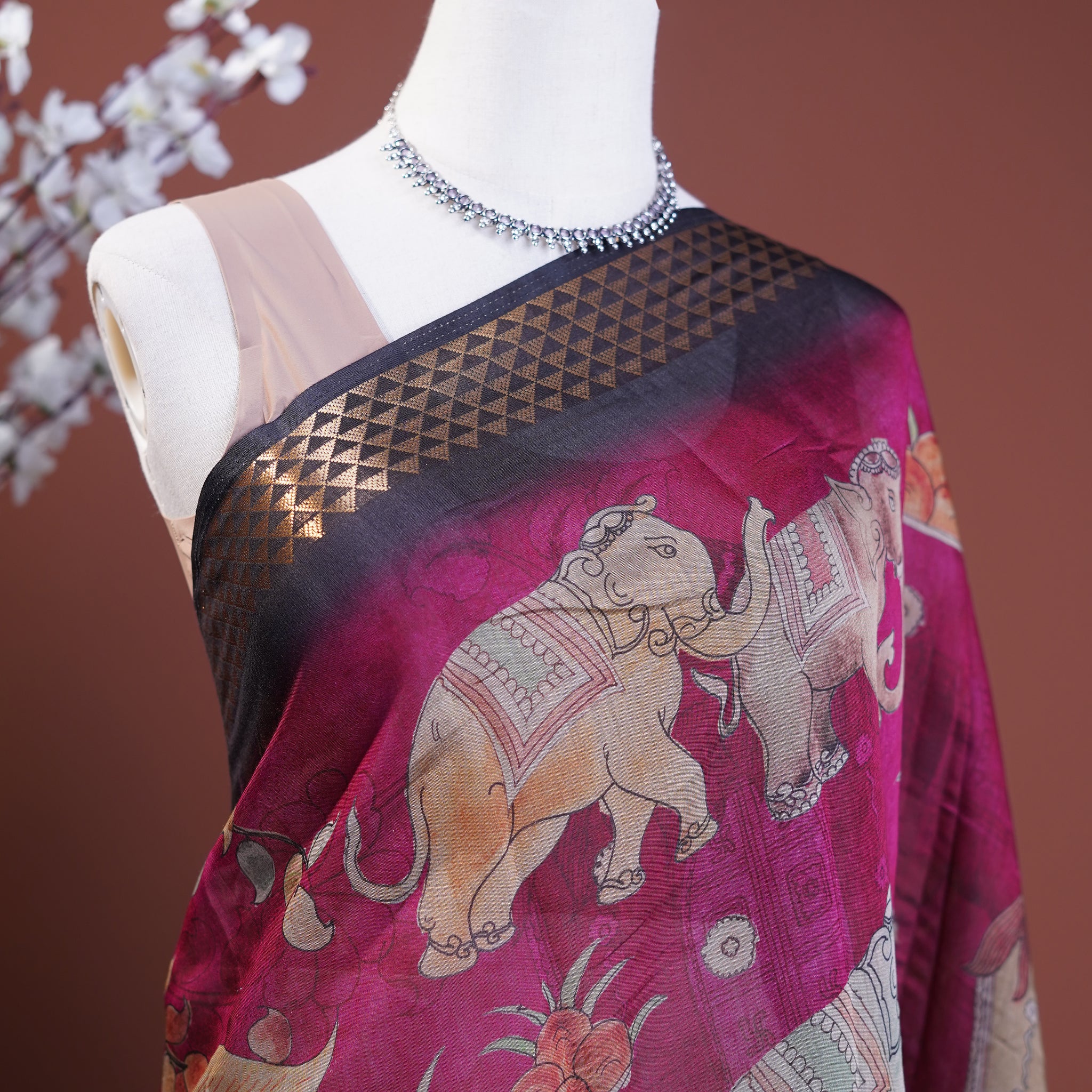 Semi Chanderi Kalamkari Saree with Intricate Hand-Painted Motifs and Zari Border - Purple