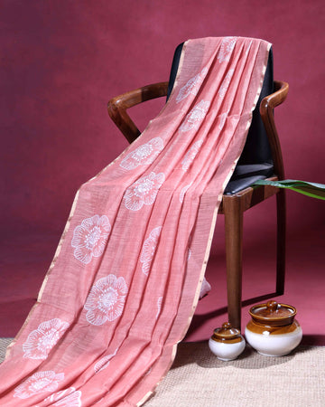 Elegant Linen Blend Saree with Large Floral Prints and Woven Border - Peach