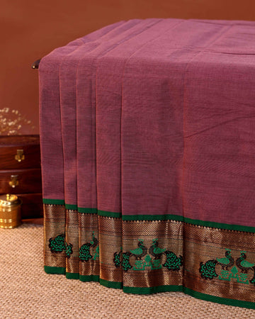 Traditional Handloom Chettinad Cotton Saree with Plain Body and Woven Traditional Motif Contrast Border - Mauve
