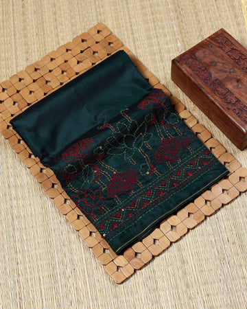 Elegant Lotus Floral Hand Embroidered Women’s Blouse Material with Traditional Border Work - Dark Teal