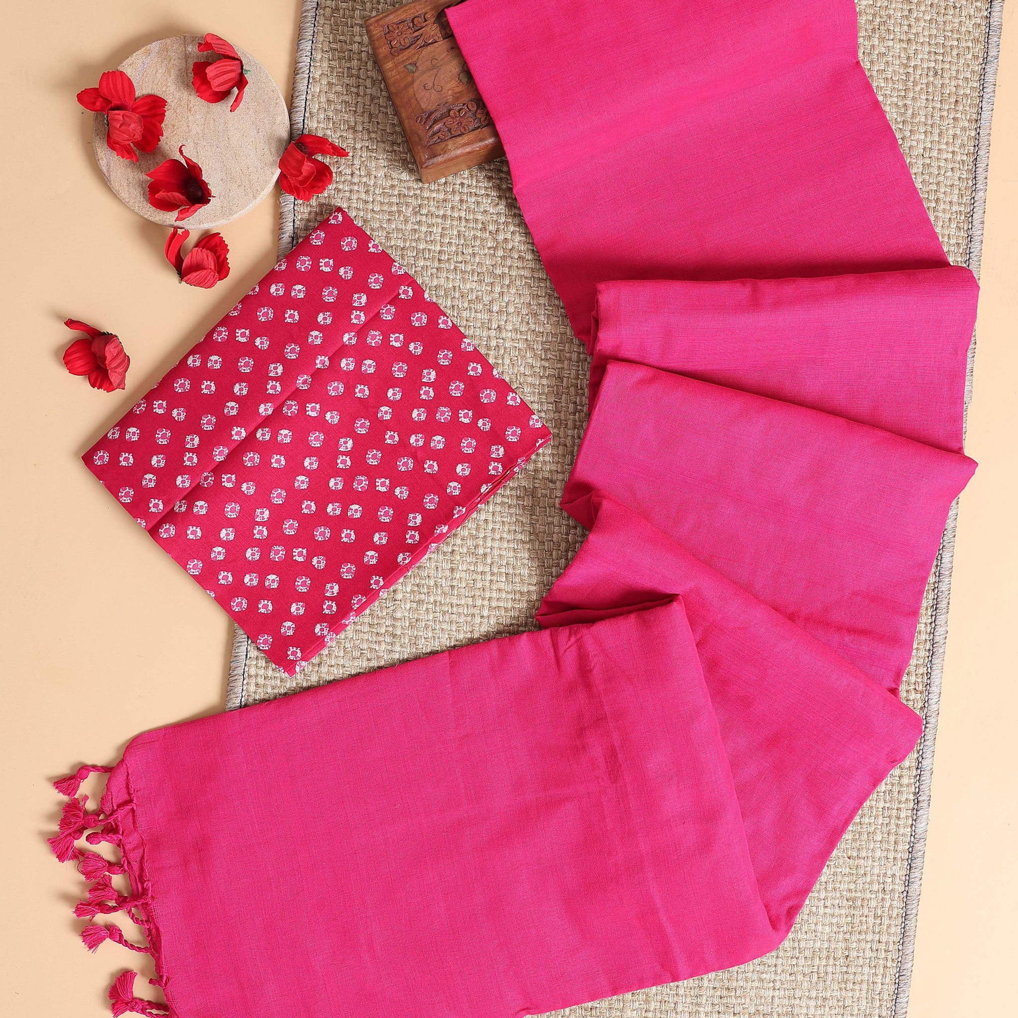 Handwoven Khadi Cotton Saree with Contrast Printed Blouse and Tassel Accents - Pink
