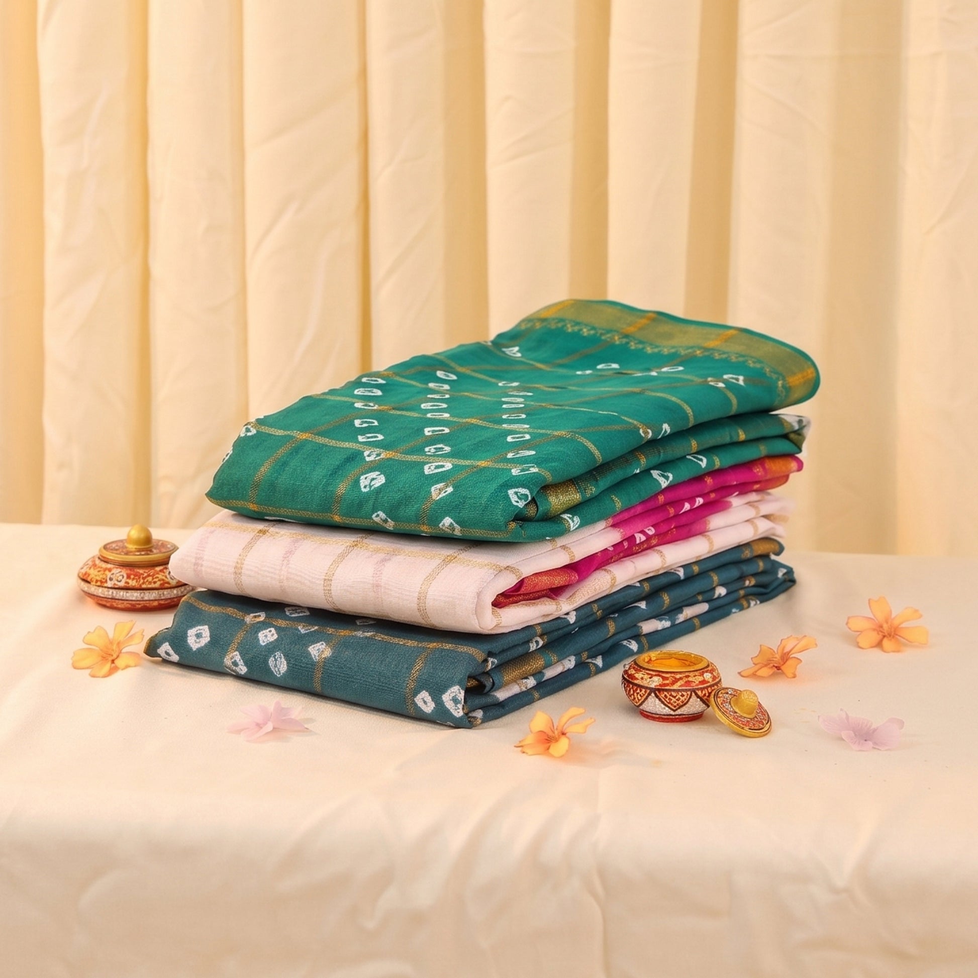 Sungudi cotton saree with checked pattern and Bandhani motifs in teal, pink and white folded stack close-up view