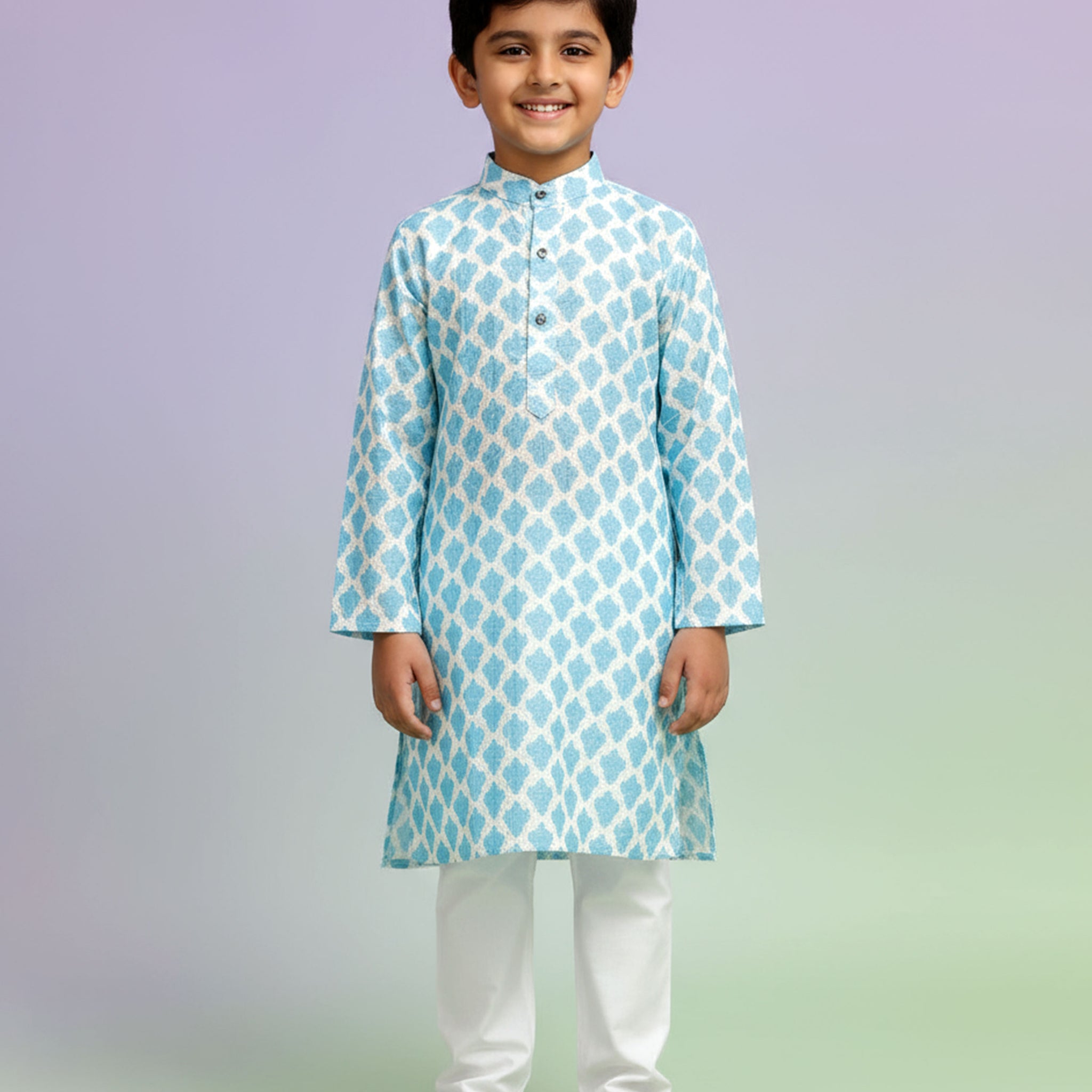 Boys Festive White Kurta Set with Blue Ikat-Inspired Print