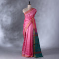 Pink  Banana Pith Saree with Minimal Butta Motifs & Traditional Zari Woven Border -Full View