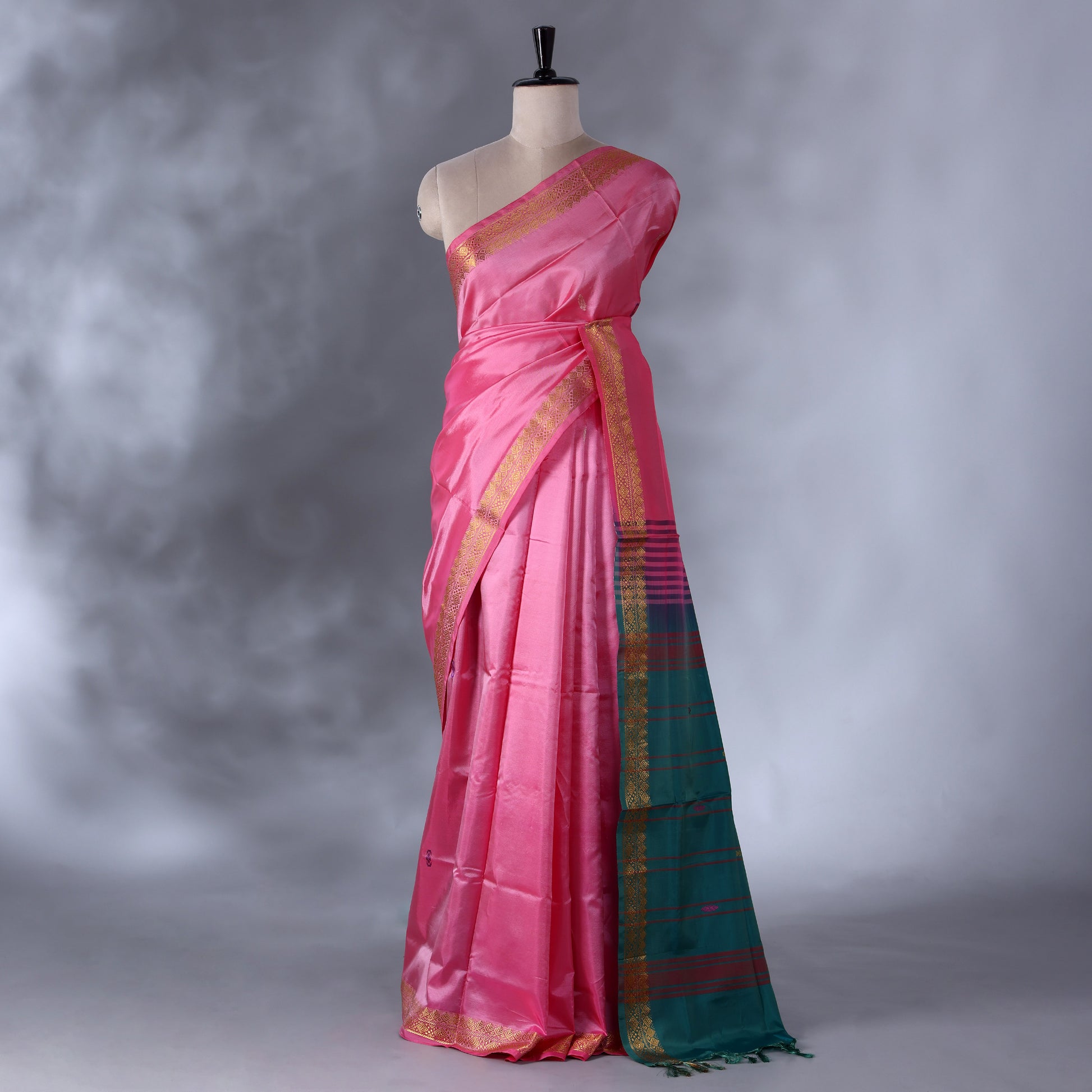 Pink  Banana Pith Saree with Minimal Butta Motifs & Traditional Zari Woven Border -Full View