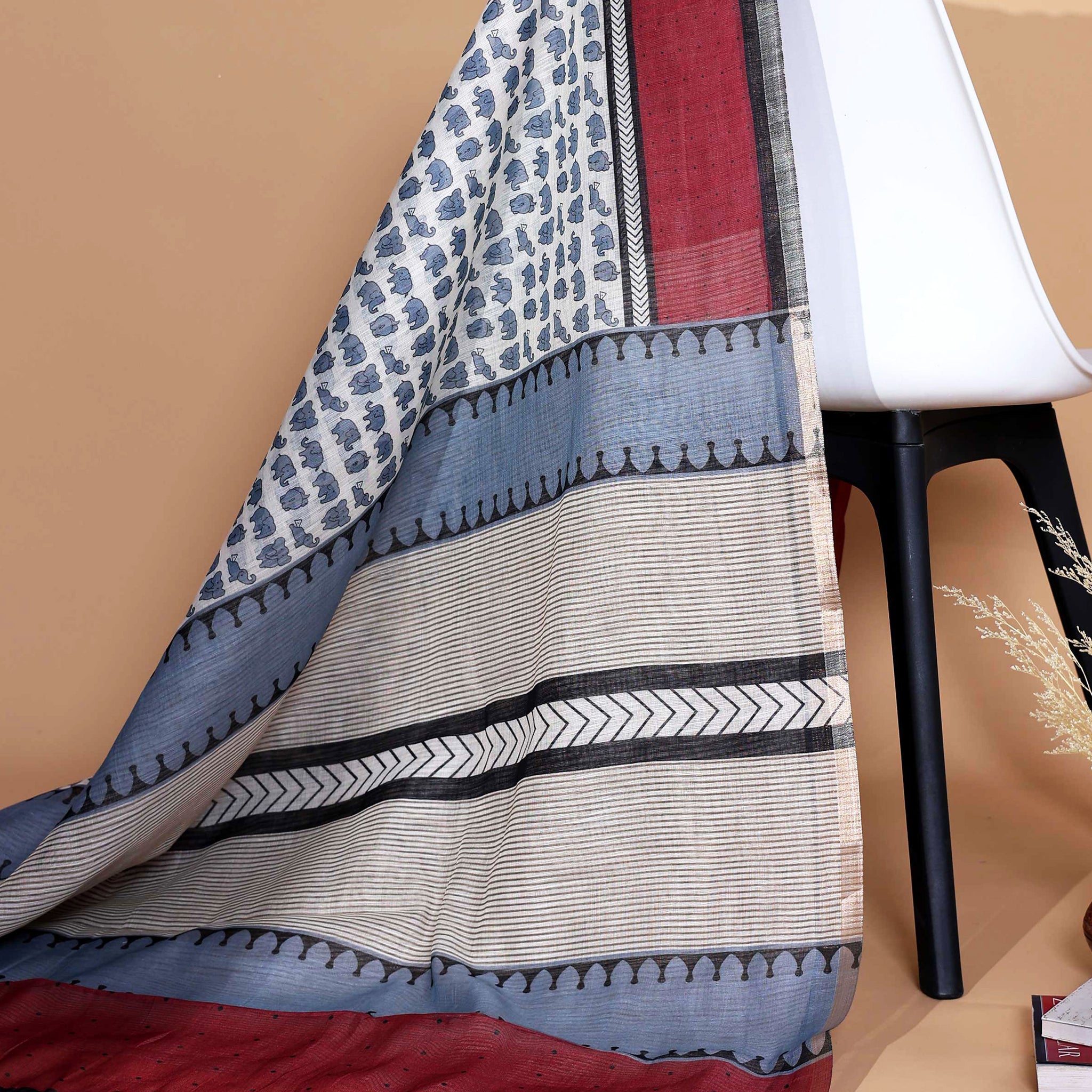 Contemporary Linen Saree in Grey, Maroon and Blue with Floral Buta, Chevron Stripes and Contrast Border