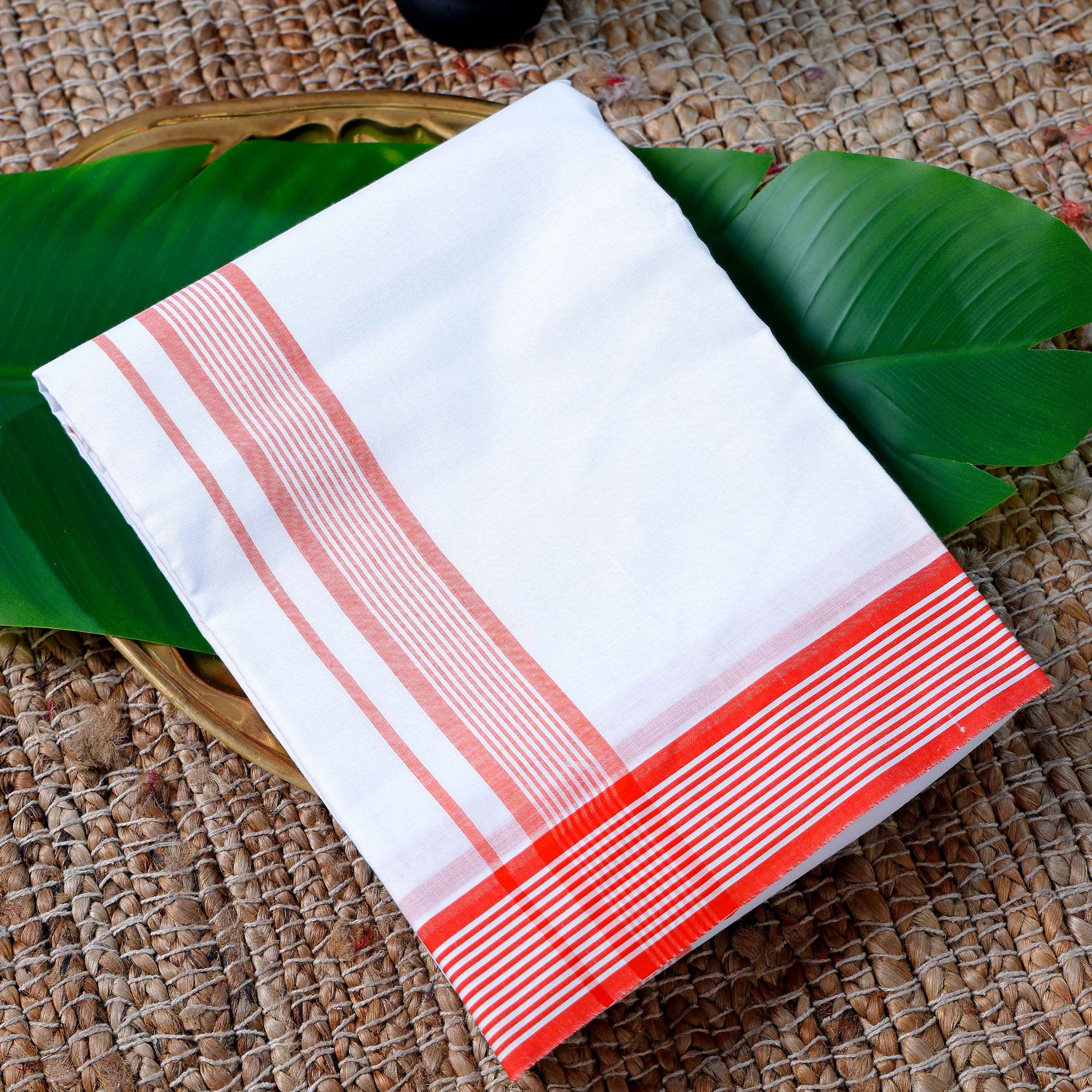 Men’s Cotton Dhoti with Orange Colour Border - White