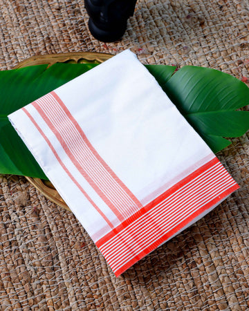 Men’s Cotton Dhoti with Orange Colour Border - White