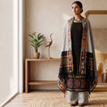 Black Salwar Material Set With Grey Pants Fabric And Colorful Ikat Dupatta Full Length Front View
