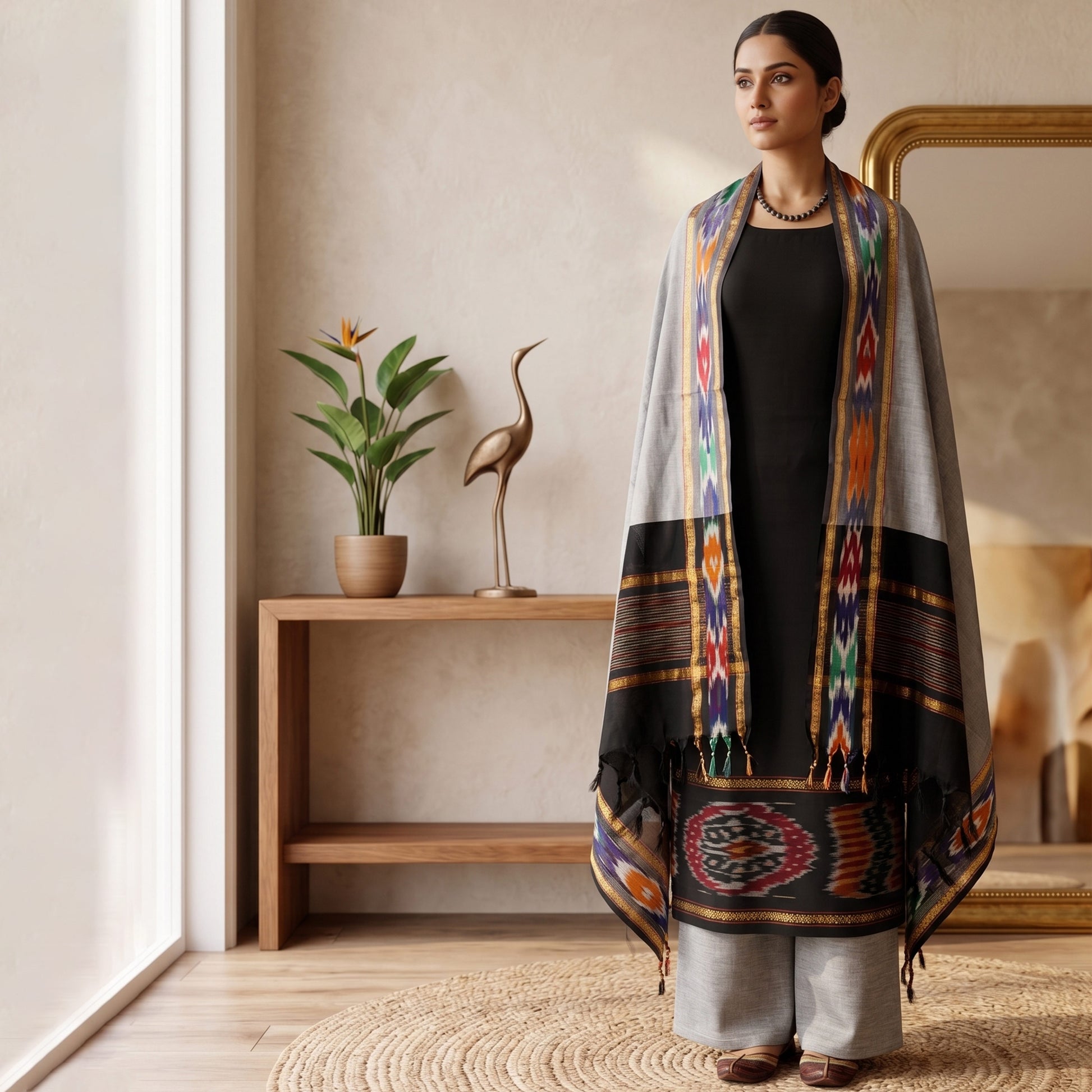 Black Salwar Material Set With Grey Pants Fabric And Colorful Ikat Dupatta Full Length Front View