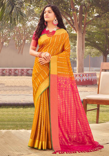 Soft Silk Dark Yellow Pink Color Saree