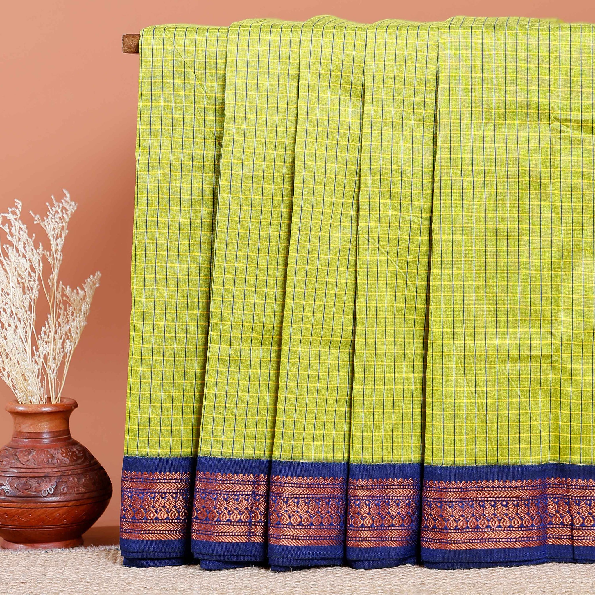 Traditional Kalyani Cotton Saree with All-Over Checks and Ornate Zari Pallu and Border - Green