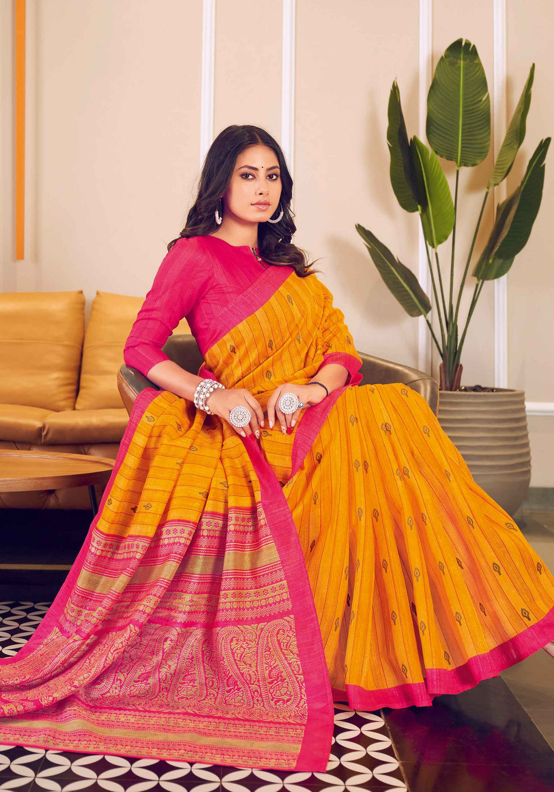 Yellow With Pink Color Uniform Saree - U05