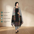 Black Salwar Suit Material With Grey Bottom Fabric And Colorful Ikat Dupatta - Front View
