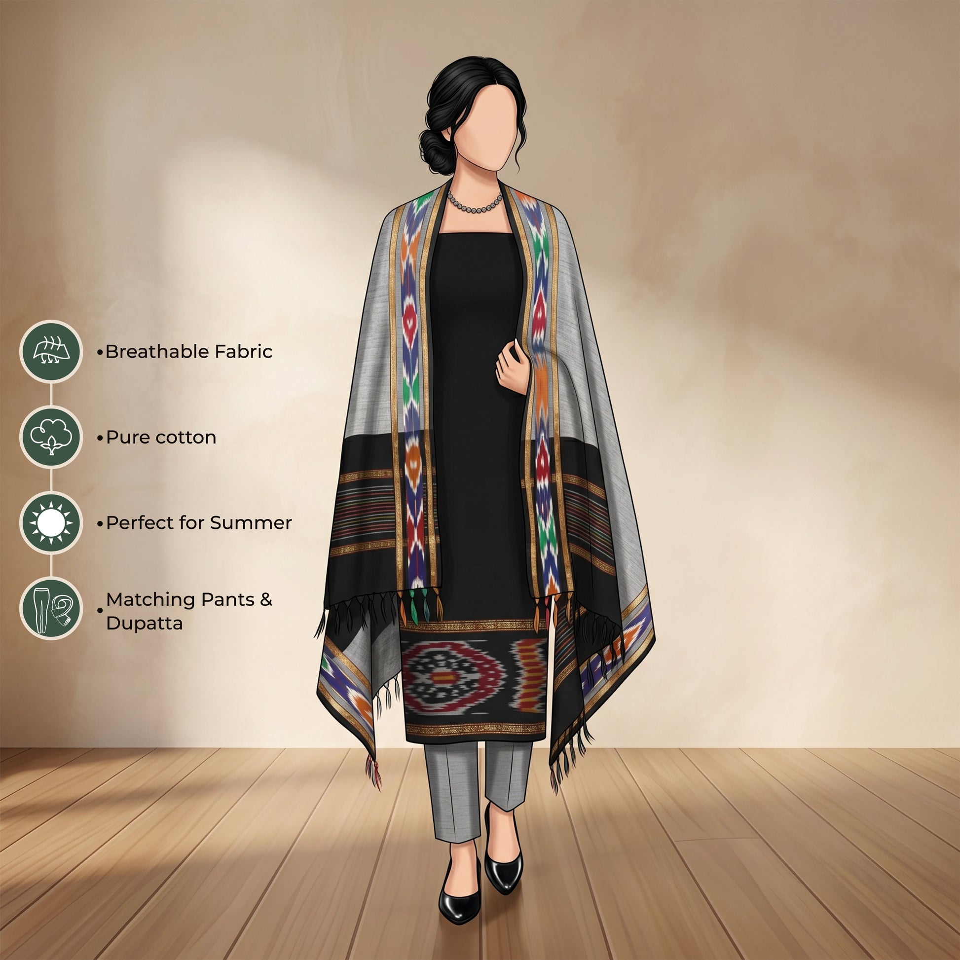 Black Salwar Suit Material With Grey Bottom Fabric And Colorful Ikat Dupatta - Front View
