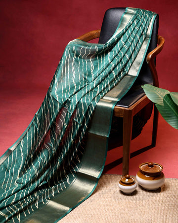Elegant Dola Saree with Leheriya Inspired Print and Classic Zari Woven Border - Bottle Green