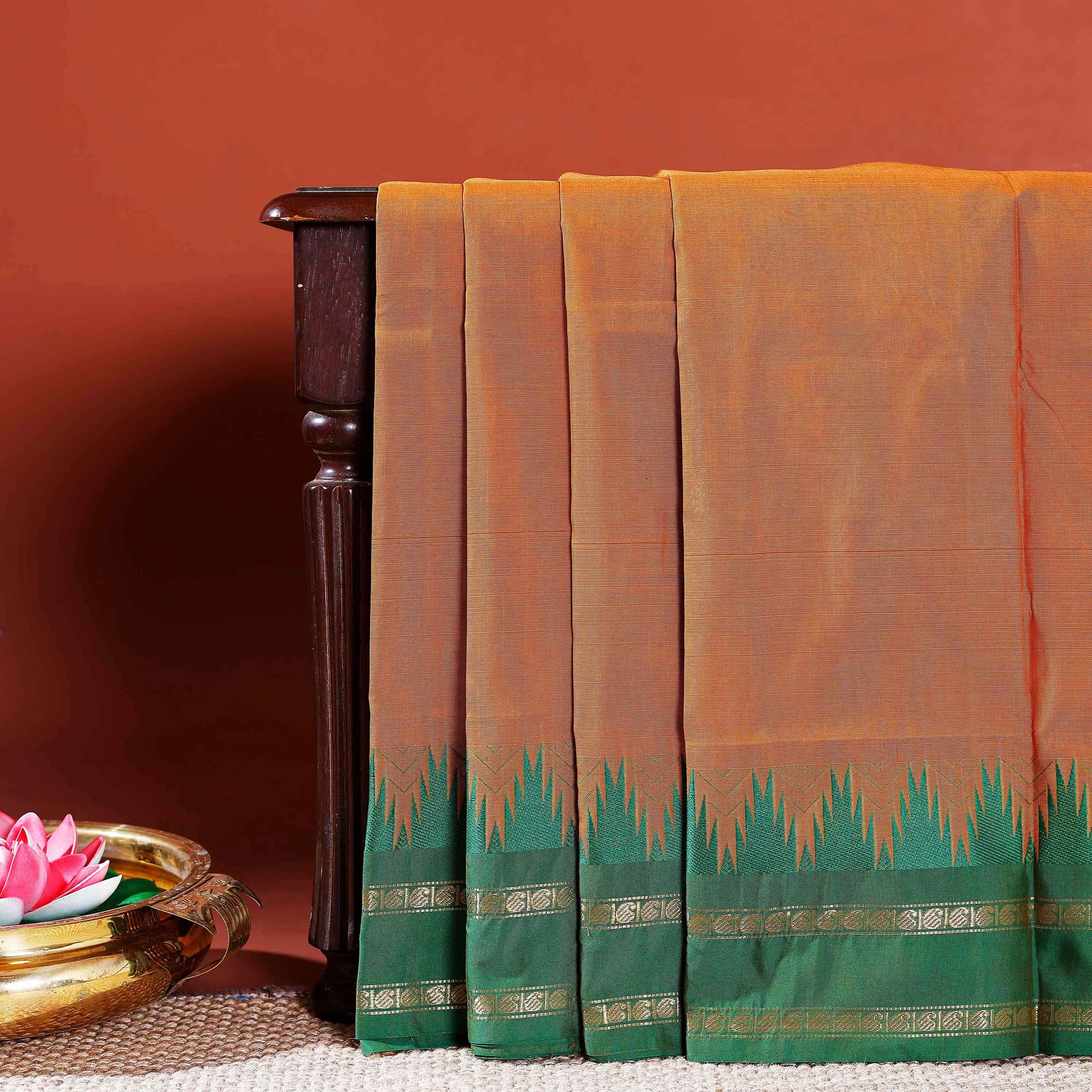 Handloom Chettinad Cotton Saree with Traditional Temple Border and Striped Weave - Brown