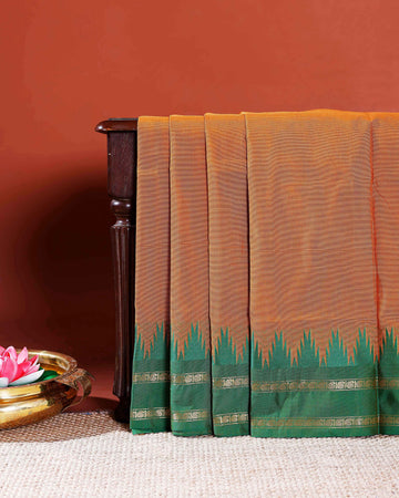 Handloom Chettinad Cotton Saree with Traditional Temple Border and Striped Weave - Brown
