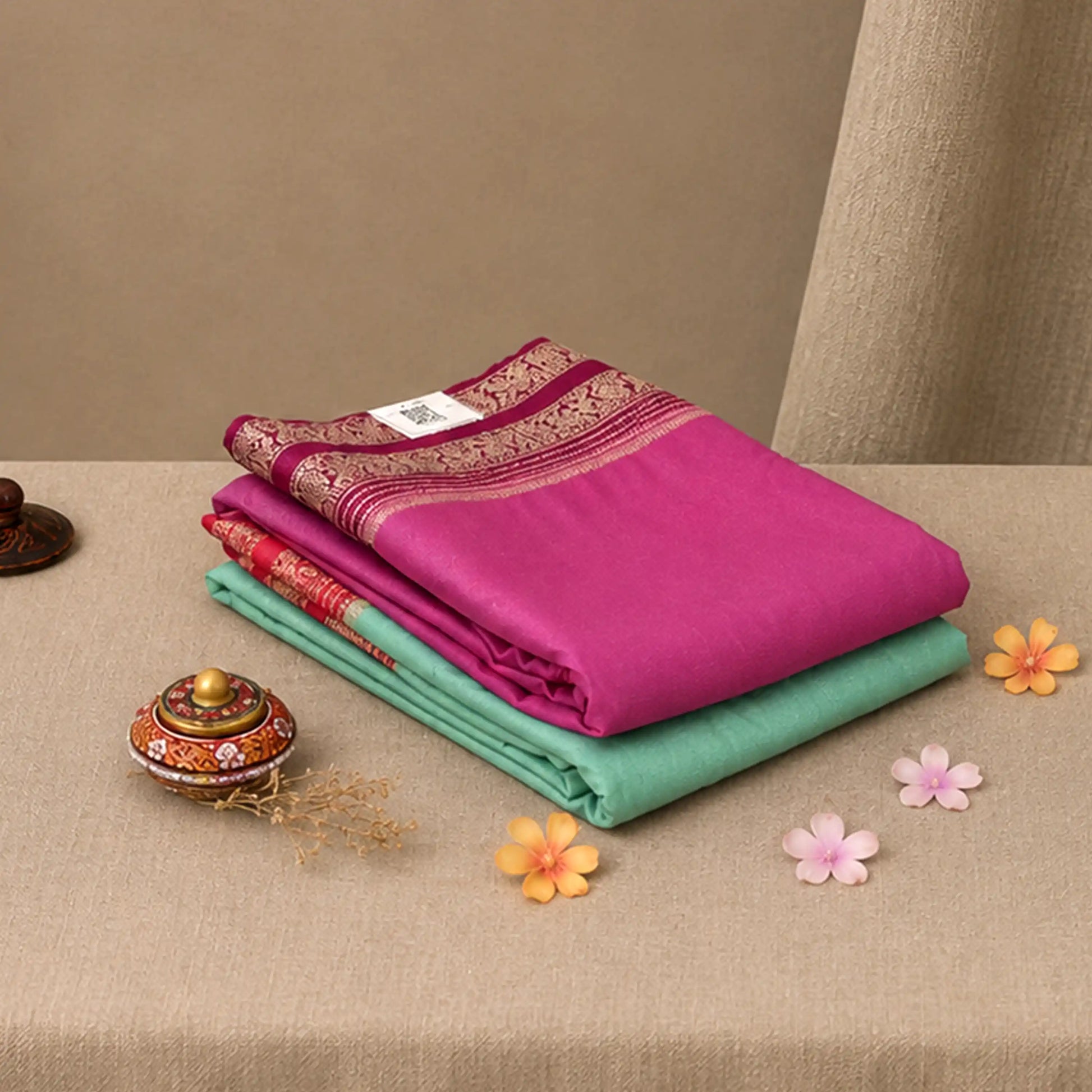 Two folded silk sarees, one magenta pink with a gold border and one mint green, stacked