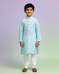 Boys green kurta adorned with traditional Bandhani-inspired patterns in red and gold., Dark Green