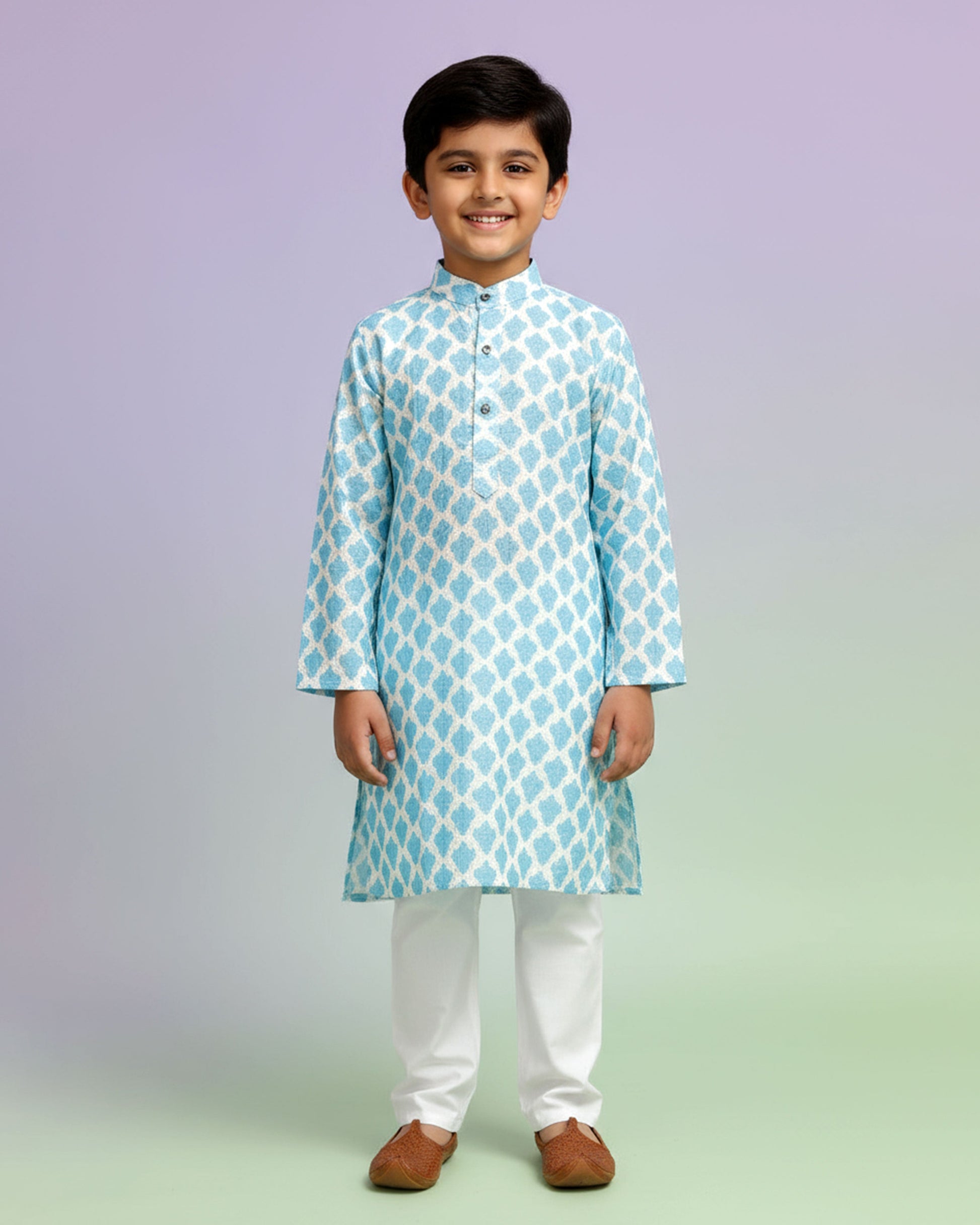 Boys green kurta adorned with traditional Bandhani-inspired patterns in red and gold., Dark Green