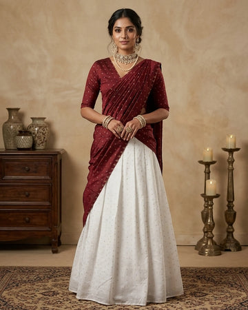 Cotton Semi Stitched Dhavani Set For Women | Festive Wear & Traditional Collection | Jeyachandran - Maroon & White